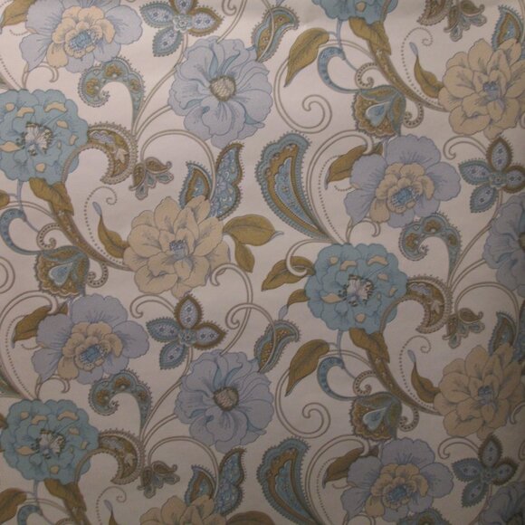 Vintage 1970s Blue and Beige Peony Paisley Motif Wallpaper - Picture 2 of 6